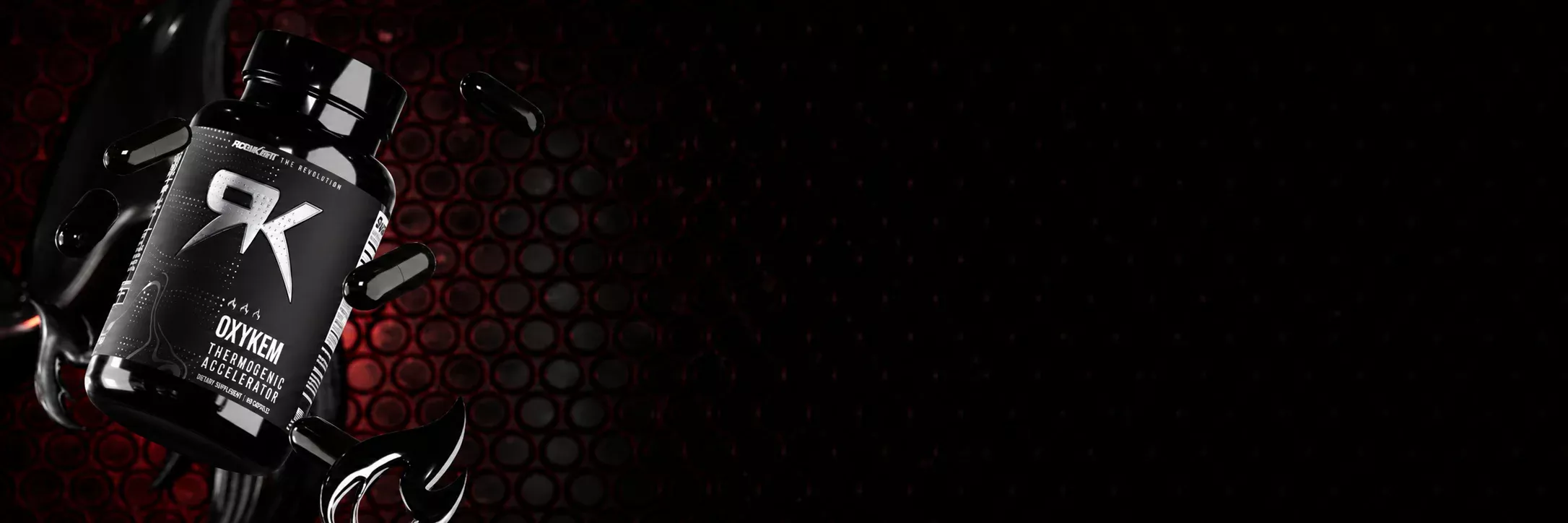 Promotional banner for a stimulant-free fat burner: black bottle with capsules around it and bold 'CUT WITHOUT COMPROMISE' text on a dark red background.