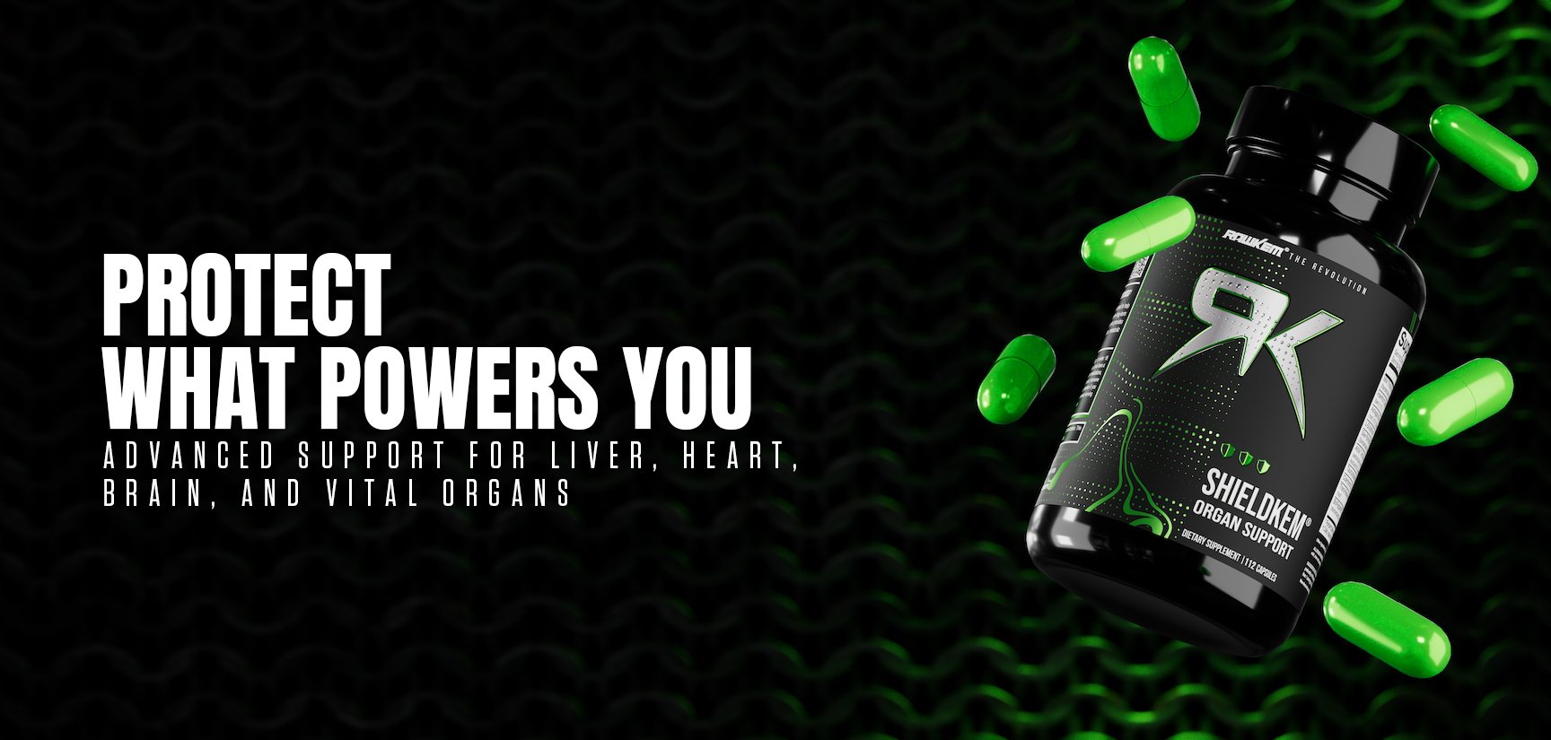 Bold promo banner: the headline 'PROTECT WHAT POWERS YOU' beside a black SHIELDKEM supplement bottle and floating green capsules on a dark patterned background.